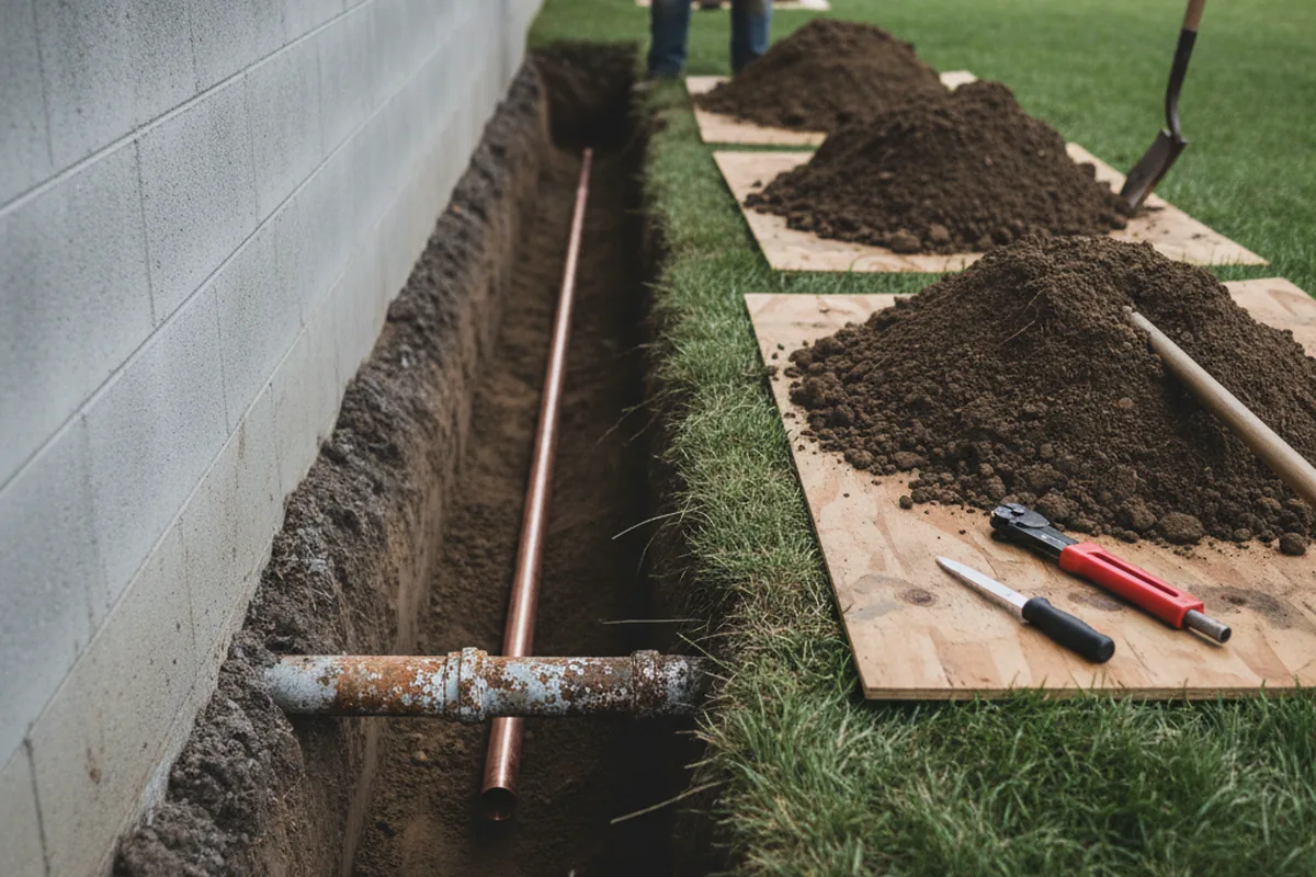 Excavated water line trench during Water Heater Repair in Western Springs